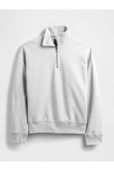GAP Erkek Gri Heavyweight Oversized Yarım Fermuarlı Polo Sweatshirt