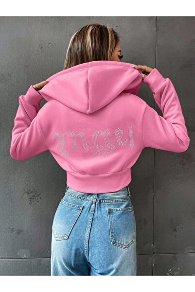 MOONBULL Kadın Angel Taş Sırt Baskılı Kapüşonlu Fermuarlı Crop Sweatshirt