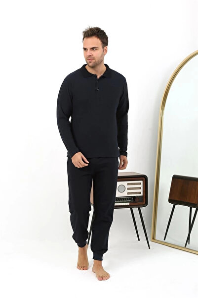 alfa expres Clothing Men's Polo Neck Long Sleeve Combed Cotton Pajama Set Navy Blue