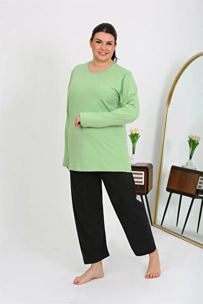 alfa expres Clothing Women's Plus Size Long Sleeve Combed Cotton Pajama Set Pistachio Green