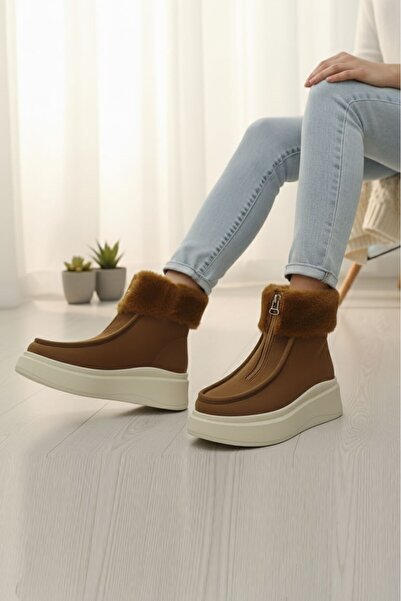 LETAO Γυναικείες μπότες με φερμουάρ με λεπτομέρεια από γούνα με χοντρή σόλα από καπνιστό καστόρι