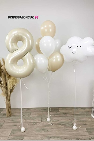 PISPISBALONCUK 8 Yaş folyo Doğum Günü Set Bulut Folyo Balon Bej Krem Yaş Doğu...