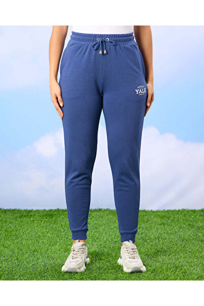 REDTAG Women Blue Yale University Ribbed Hem Embroidered Jog Pantblus