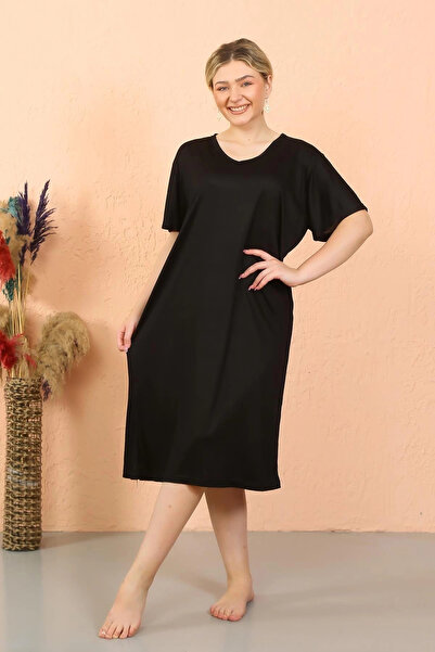 alfa expres Clothing Women's Short Sleeve Below Knee over Size Black Home Dress - Nightgown
