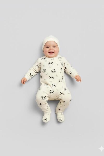Bubbless Unisex %100 Organic Şapkalı Panda Desenli Patikli Tulum | 0-3/3-6 Ay