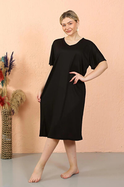 alfa expres Clothing Women's Short Sleeve Below Knee over Size Black Home Dress - Nightgown