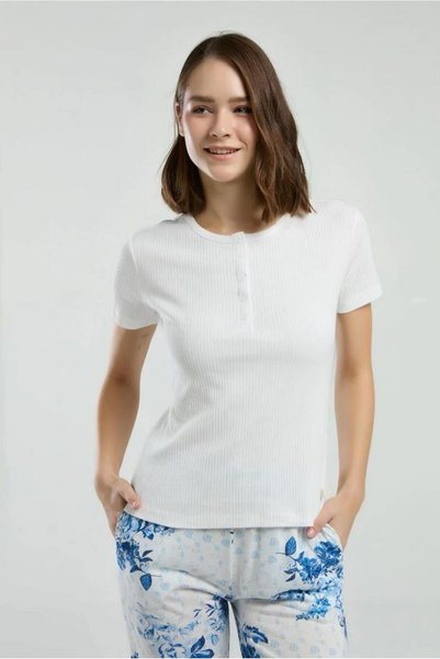 Pierre Cardin 8970 Kadın Beyaz Mavi Çiçek Desenli Yarım Kollu Fitilli Pijama ...