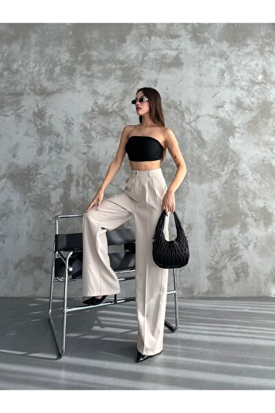 MODA Ψηλόμεσο μπεζ υφασμάτινο παντελόνι Palazzo