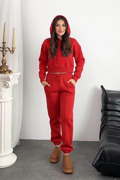 Behind Look Women's 3 Thread Ş Fleece-Lined Hooded Crop Sweatshirt Elasticated Cuffs Red Tracksuit Set