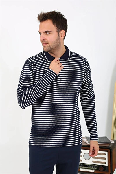 alfa expres Clothing Men's Polo Neck Long Sleeve Combed Cotton Pajama Set Navy Blue