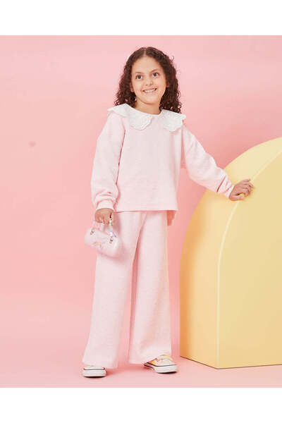 REDTAG طقم بنطال رياضي من الدانتيل والجاكار باللون الوردي للبنات (قطعتين)