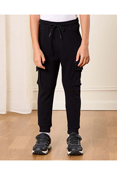 REDTAG Boys Black Ottoman Cargo Pocket Active Pants
