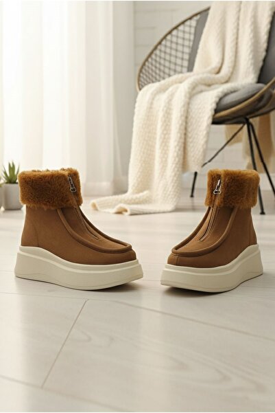 LETAO Γυναικείες μπότες με φερμουάρ με λεπτομέρεια από γούνα με χοντρή σόλα από καπνιστό καστόρι