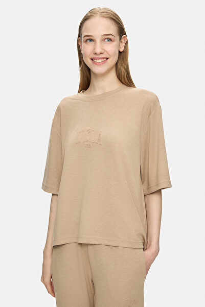 UCLA Jayla Dark Beige Crew Neck Seersucker Print Loose Fit Women's T-Shirt