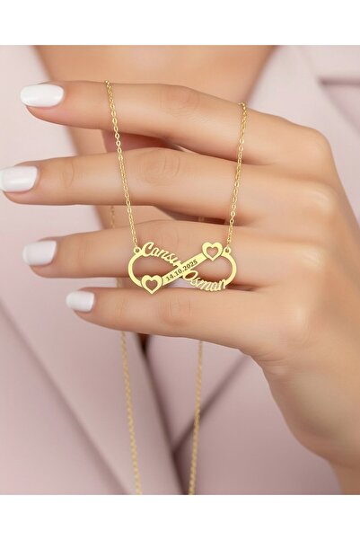 İNDİGO TAKI Kalpli İki İsimli Tarihli Sonsuzluk 14 Ayar Altın Kolye