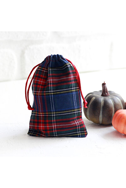 Bimotif Navy Blue Plaid Lace-Up Christmas Gift Pouch, 10X15 cm 10 Pieces