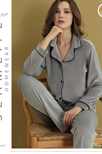 Bordomix Çağrı New Season Women's Winter Front Buttoned Velvet Oversized Pajama Set