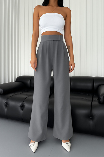 Ramior Gray Velcro Detailed Palazzo Women's Trousers – High Waist, Flowy Fabric