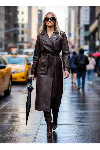 Siseniorita Elegant Women's Trench Coat Made of Eco-Leather, Croco Texture, Waist Belt