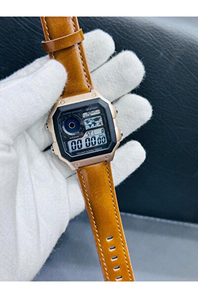 MACON Men’s Digital Sports Watch, Resin Square Dial, Caramel Shade Leather Strap, Alarm, Stopwatch