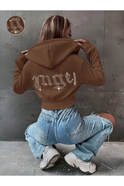 MOONBULL Women's Angel Stone Back Printed Hooded Zippered Crop Sweatshirt