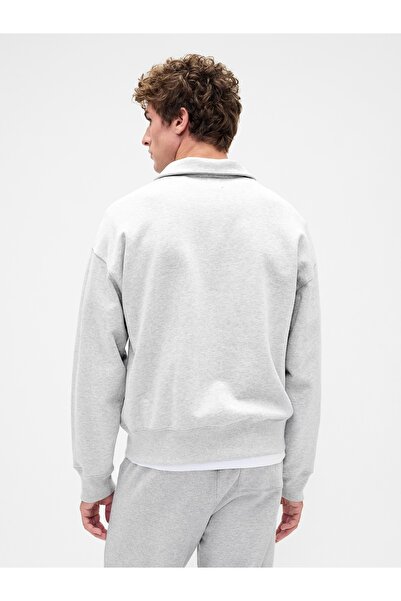 GAP Erkek Gri Heavyweight Oversized Yarım Fermuarlı Polo Sweatshirt