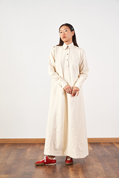 Mevra Oversized Belted Collar Buttoned Long Denim Dress Ecru