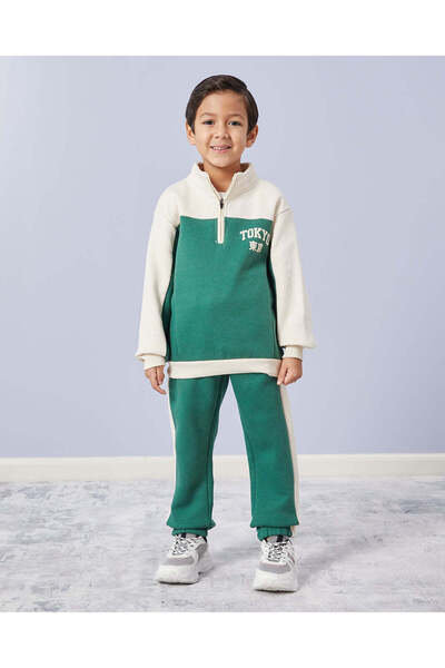 REDTAG Boys Green & Beige Half Zipper Jog Set (2 Piece)