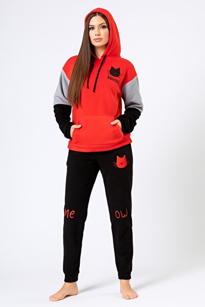 VİENETTA Women's Cat Printed Winter Ka Hooded V Clothing Pajama Set