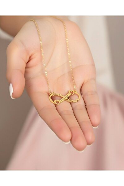 İNDİGO TAKI Kalpli İki İsimli Tarihli Sonsuzluk 14 Ayar Altın Kolye