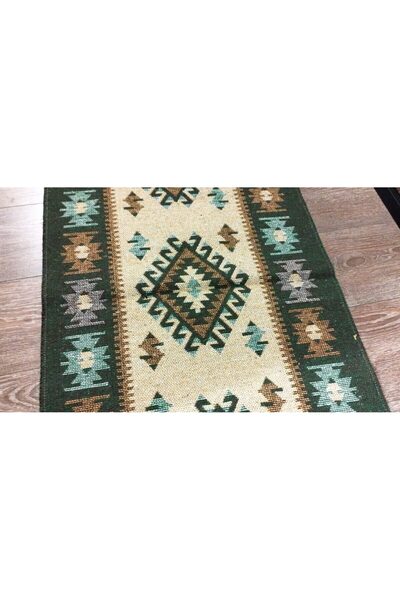 OEM Traditional woven jute rug, reversible, 80 x 300 cm, olive green and cream, ROMB pattern