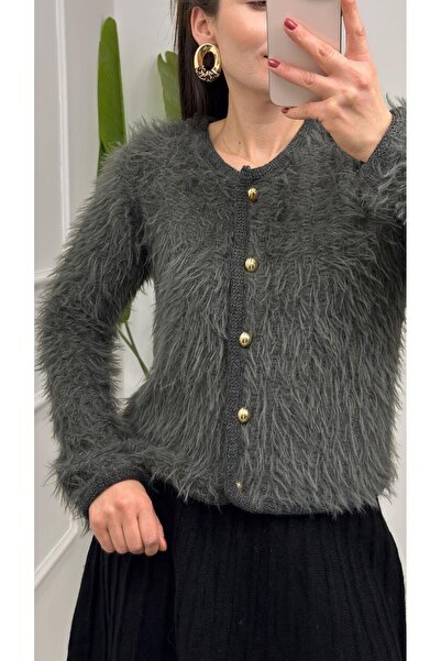 TUNAM BUTİK 4938 Gold Button Detailed Soft Cardigan Anthracite