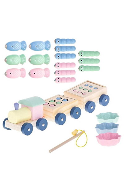 Doris Sortator educativ trenulet din lemn locomotiva cu 2 vagoane,15 figurine cu magnet si undita