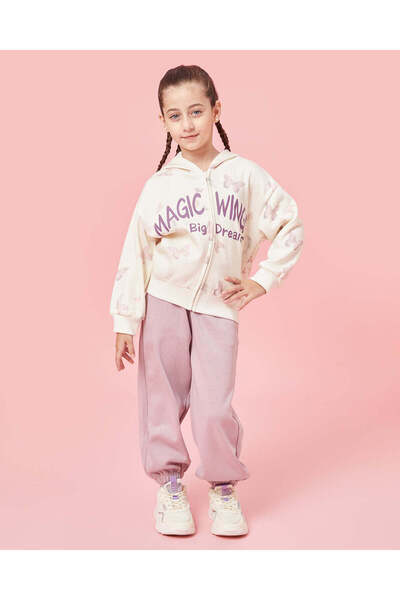 REDTAG طقم بنطال رياضي مطبوع للبنات باللون الكريمي والأرجواني (قطعتين)