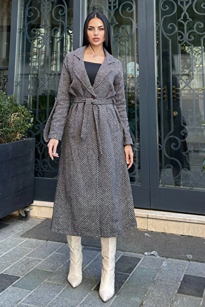 NEW LAVİVA معطف نسائي طويل بنمط عظم السمك بدون بطانة وتفاصيل أبولييت NEW700-3680