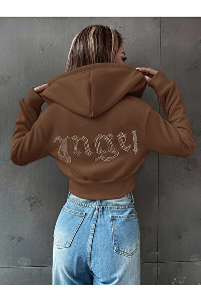 MOONBULL Women's Angel Stone Back Printed Hooded Zippered Crop Sweatshirt