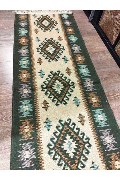 OEM Traditional woven jute rug, reversible, 80 x 300 cm, olive green and cream, ROMB pattern