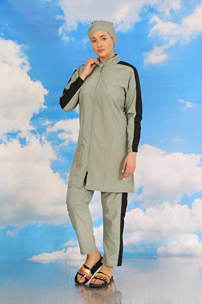 alfa expres Clothing Women's Full Hijab Swimsuit with Pants and Sleeves with Stripe Water Green