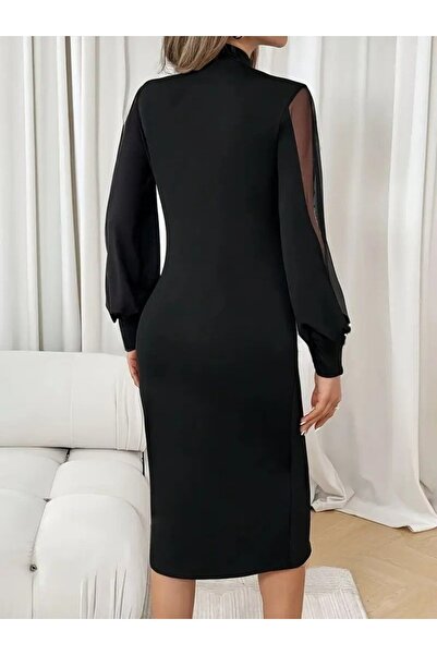 Meleners Women's Long Sleeve Semi-Turtleneck Tulle and Pearl Detailed Short Imported Crepe Midi Dress