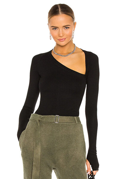 bysoca Kadın Siyah Asimetrik Yaka Uzun Kollu Parmak Geçmeli Jarse Tanga Bodysuit