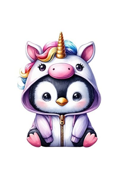 OEM Autocolant cu pinguin costumat de unicorn, bordură albă, vinil PVC 10 cm