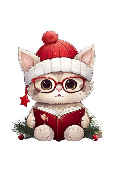 OEM Αυτοκόλλητο γάτα που κρατά ανοιχτό βιβλίο, χριστουγεννιάτικο καπέλο, γυαλ...