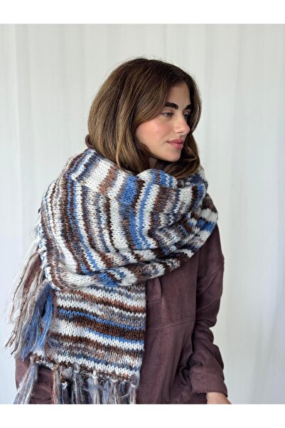 Retrobird Великий розмір м'який в'язаний шарф для жінок, синьо-коричневий