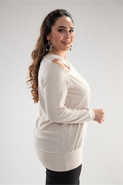 Roxxlen Bluză de tricotat cu guler încrucișat de mărime mare, bej