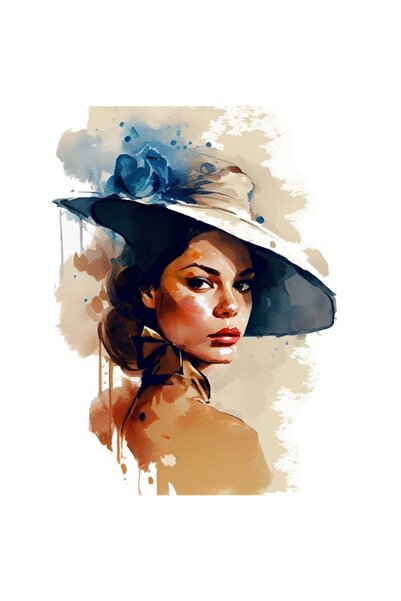 OEM Autocolant - Portret de fată cu pălărie și floare albastră, păr brunet, m...