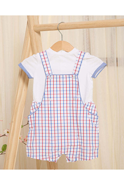 REDTAG Baby Red And White Checkered Dungaree And White T-Shirt (2 Piece)