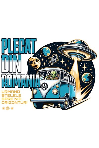 StoryGift Romania Sticker with Vintage Car on the Moon, Extraterrestrial & Spaceship, Text 'Left Romania', White Borde