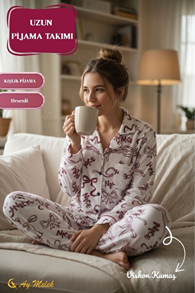 AYMELEK Women's Pajama Set Patterned Cotton Polo Neck Set