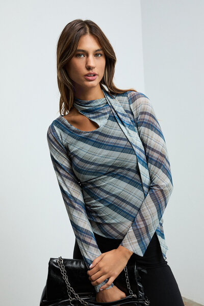 GRIMELANGE Frecs women's flexible fabric lined ballerina collar multi-colored blouse