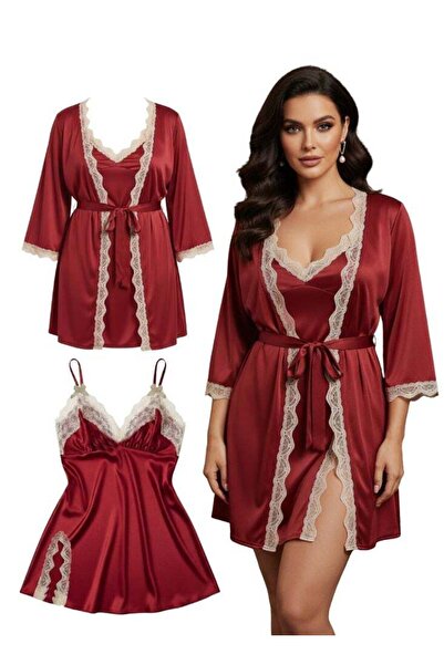 Generic Cute Red 2 Pc Set Satin Nightwear Set for Women – Lace Trim Lingerie Slip and Matching Robe